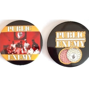 Public Enemy large pinback buttons:   set of 2 vintage 90&#39;s , vintage 90&#39;s. Hip Hop  music rare designs. Chuck D and Flavor Flav. Rap