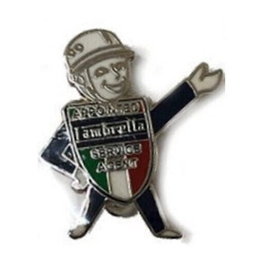 Lambretta  pin: Appointed Service Agent  Man 70mm enamel pin  VESPA MODS SCOOTER pin   Arm up