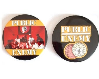 Public Enemy large pinback buttons:   set of 2 vintage 90's , vintage 90's. Hip Hop  music rare designs. Chuck D and Flavor Flav. Rap