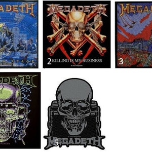 May include: Five different Megadeth band patches. The patches are all black and feature a skull with the band's name on them. The patches are numbered 1 through 5. The patches are all different designs. The patches are all embroidered.