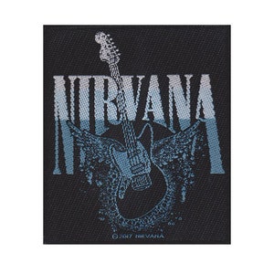 May include: Black and white embroidered patch with the word "NIRVANA" in a blue and white gradient. A stylised electric guitar is in the centre of the patch with wings behind it. The text "©2017 NIRVANA" is at the bottom of the patch.