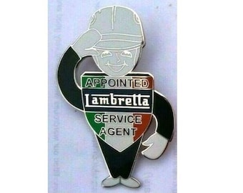Lambretta  pin: Appointed Service Agent  Man 70mm enamel badge  VESPA MODS SCOOTER pin badge.  Saluting