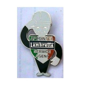 Lambretta  pin: Appointed Service Agent  Man 70mm enamel badge  VESPA MODS SCOOTER pin badge.  Saluting