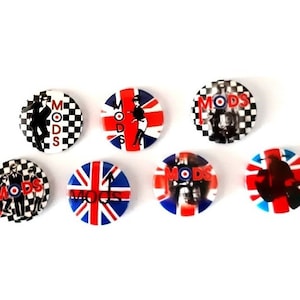 Mods Ska x 7  vintage pinback buttons.  2 tone, mod, Ska dancing , 2 tone rude boy .  Set 1