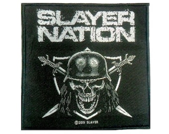 May include: Black and white embroidered patch featuring the text "Slayer Nation" and a skull wearing a helmet with crossed swords. The patch is on a black background.