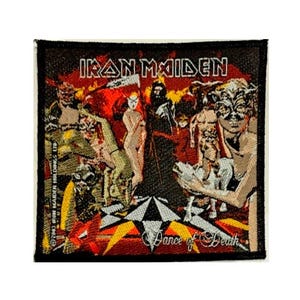 May include: Square patch with the text "IRON MAIDEN" in white letters on a black background. The patch features a colorful illustration with figures and the words "Dance of Death".