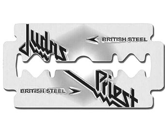 JUDAS PRIEST 'British Steel'   pin/ badge:  Heavy metal , rock music pin badge. Rob Halford singer, Razor blade design.