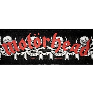 May include: Black and red embroidered patch with the band name "Motörhead" in a gothic font. Three skull and crossbones designs are featured with the text "March or Die" on banners below each skull.