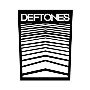 May include: A rectangular black and white patch featuring the word DEFTONES in bold white capital letters at the top. Below the text is a graphic pattern of white horizontal chevron lines that converge toward the center, creating a perspective effect.