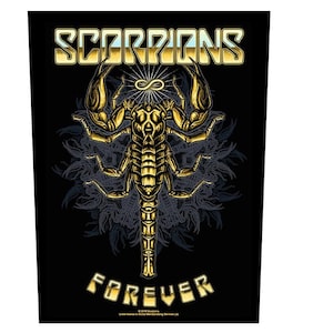 May include: A black patch with a gold scorpion design and the text "SCORPIONS FOREVER".