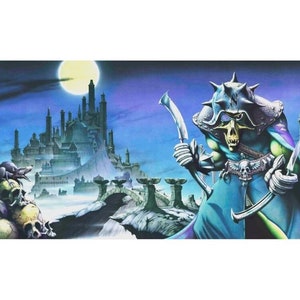 May include: A green and blue fantasy creature with a skull face and a spiked helmet holds two curved swords. The creature stands in front of a dark, moonlit city with a large moon in the background.