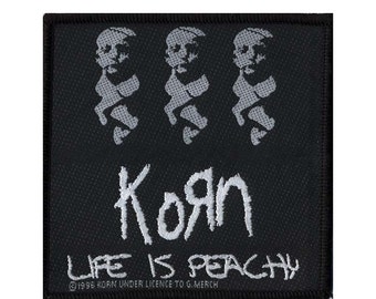 Toppa KORN: toppa tessuta cucita "Life is Peachy" vintage del 1996.