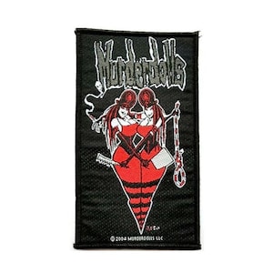 May include: Black and white embroidered patch with the band name "Murderdolls" in gray lettering. The patch features two women in red dresses with a heart shape formed by their bodies. The women are holding various weapons, including a knife, a saw, and a rope. The text "© 2004 MURDERDOLLS LLC" is at the bottom of the patch.
