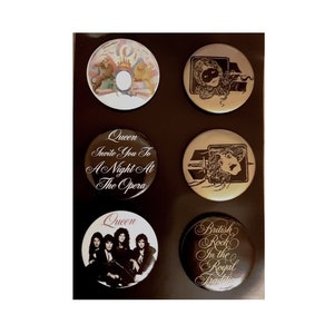 QUEEN official button badge pack x 6 large  badges / pins .   A Night At the Opera, British Rockers, Freddie, Brian, Roger, John, vintage