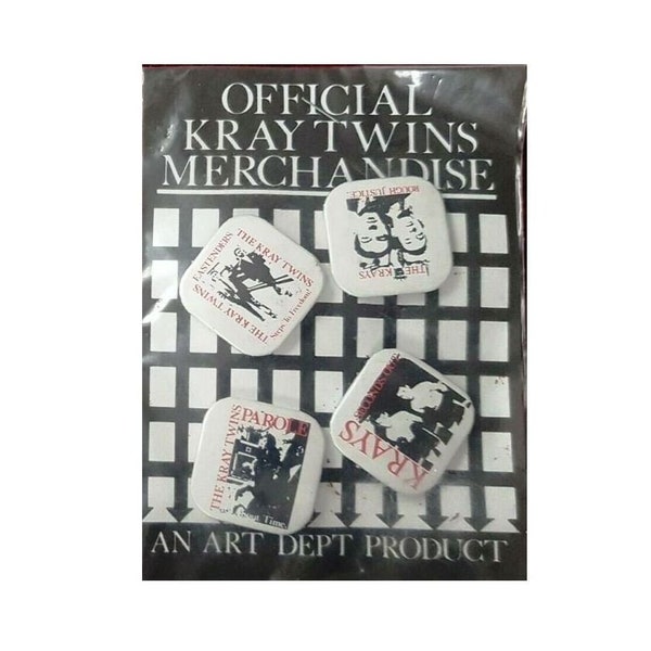 KRAY TWINS  badge pack:  official button badge pack x 4 square badges / pins . Sealed, never opened, backing card included.