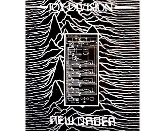 Puede incluir: Calendario en blanco y negro con un gráfico de una cordillera con el texto "Joy Division" y "New Order" impreso en blanco.
