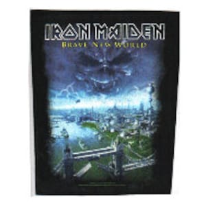 May include: A black and white patch featuring the text "Iron Maiden Brave New World" and an image of a city skyline with a large, menacing, metal head in the sky.