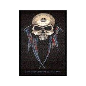 May include: A black patch featuring a white skull with a pentagram on its forehead. The skull has a fierce expression with sharp teeth. Two blue and red wings are positioned behind the skull, crossing at the base. The text "1996 ALCHEMY FATE THE WILD HAZARDS" is at the bottom of the patch.