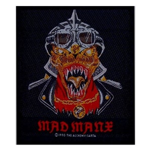 Mad Manx patch: 1990 sew on patch, Reptile Motorcycle Biker Alchemy Carta Woven Sew On Applique Patch