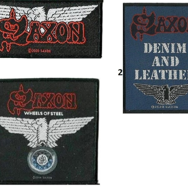 SAXON patch:  You choose design.  Official licensed sew on woven patch,  Wings, Denim and Leather,  Wheels of Steel