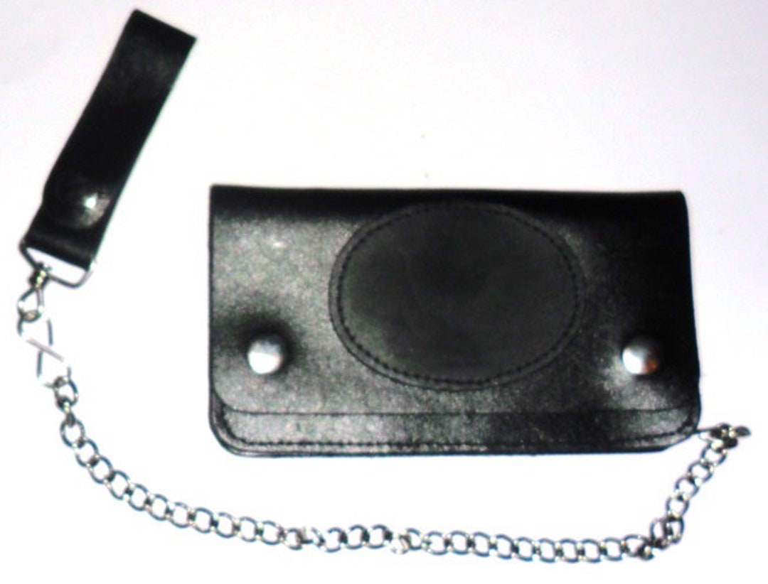 Wallet: Black Biker Chain Leather Wallet Snap-button Closure