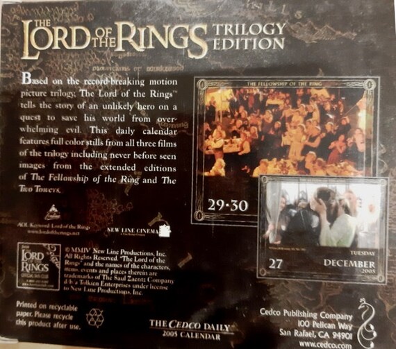 The Lord of the Rings Daily Calendar 2005 Collectible Trilogy Edition,  Dates Match 2022 , New, the Cedco Daily Calendar, Boxed - Etsy Israel