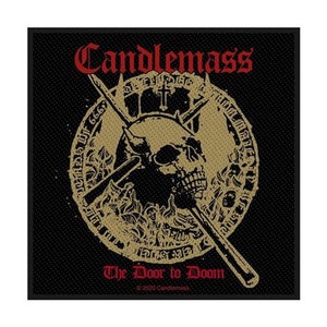 May include: A black patch with a gold circle featuring a skull with horns and crossed drumsticks. The text "Candlemass" is in red above the circle and "The Door to Doom" is in red below the circle.