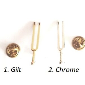 Puede incluir: Dos pines de diapas&oacute;n, uno chapado en oro y otro cromado. El pin chapado en oro est&aacute; etiquetado como "1. Gilt" y el pin cromado est&aacute; etiquetado como "2. Chrome".