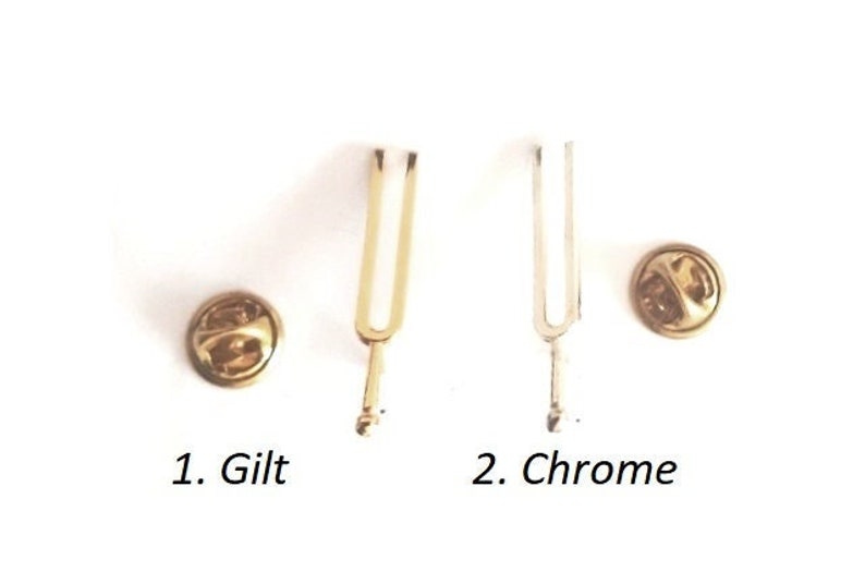 Puede incluir: Dos pines de diapas&oacute;n, uno dorado y otro plateado, con un pin trasero en cada uno. El pin dorado est&aacute; etiquetado como "1. Gilt" y el pin plateado est&aacute; etiquetado como "2. Chrome".
