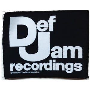 May include: Black and white patch with the text "Def Jam Recordings" in a bold, white font. The "Def Jam" logo is stylized with a large "D" and "J" overlapping.