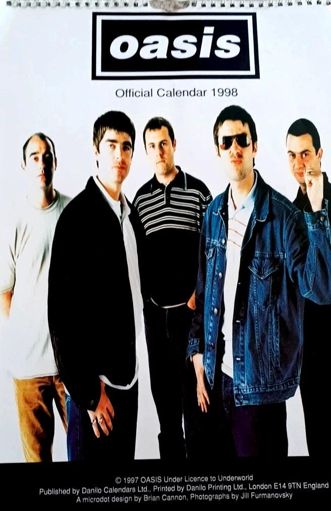 1998 Oasis Calendar. Dates Match 2026 Large Photos Noel Liam