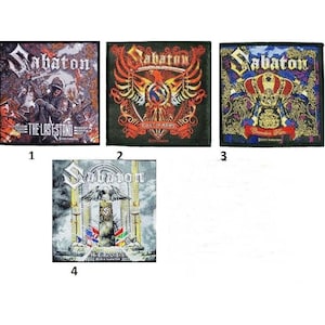 May include: Four black and white embroidered patches with the band name Sabaton and album titles "The Last Stand", "Coat of Arms", "Carolus Rex", and "Heroes on the Battlefield".