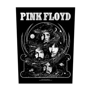 May include: A black rectangular patch featuring the white text PINK FLOYD at the top. Below the text, a white graphic illustration depicts four faces surrounded by swirling cosmic lines, stars, and planets on a solid black background.