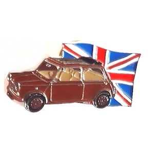 Mini car pin, vintage badge, enamel pin Mini British Open with Union Jack design. Made in New Zealand.