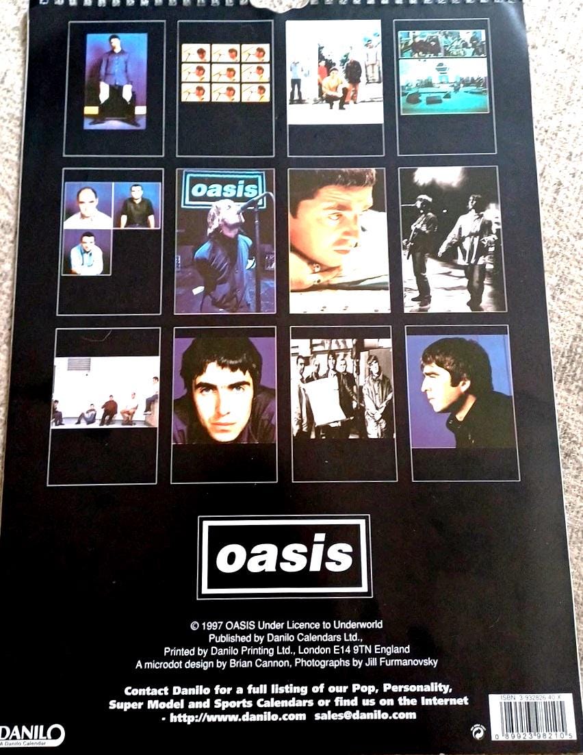 希少　ヴィンテージ　OASIS 1999年カレンダー 1998 Oasis Calendar. Dates Match 2026 Large Photos Noel Liam