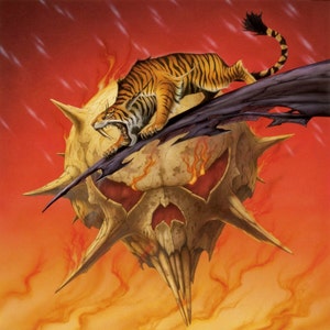Flag: Tygers of Pan Tang; &#39;Ambush&#39; official  textile fabric flag. LP Cover Artwork by Rodney Matthews.  Ambush is the Tygers&#39; second album.