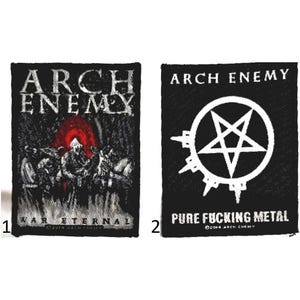 May include: Two black patches with white text and imagery. One patch reads "ARCH ENEMY" above a graphic of figures and the text "WAR ETERNAL". The other patch reads "ARCH ENEMY" above a white pentagram and the text "PURE FUCKING METAL".