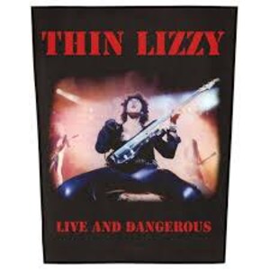 May include: Black rectangular patch featuring the band Thin Lizzy. The patch displays a stage performance image of a musician playing a guitar, with the band's name and album title "Live and Dangerous" in red text.