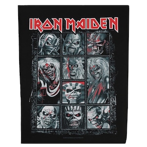 May include: Black patch with the words "Iron Maiden" in red lettering. The patch features a grid of nine squares, each containing a different image of the band's mascot, Eddie, in a variety of poses and styles.