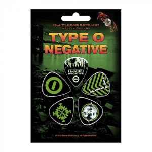 May include: A set of five guitar picks featuring the band Type O Negative. The picks are black with green designs. The designs include the band's logo, a skull, a chevron pattern, and a symbol.