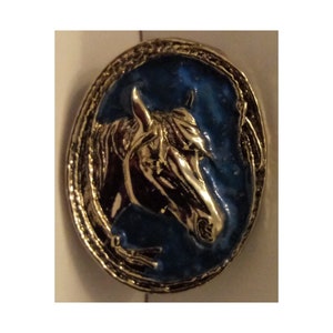 horse enamel pin - silver on blue background