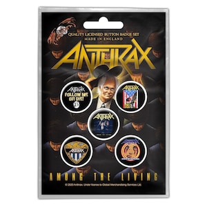 May include: A set of six 1-inch button badges featuring the band Anthrax. The badges feature various images from the band's album "Among the Living".