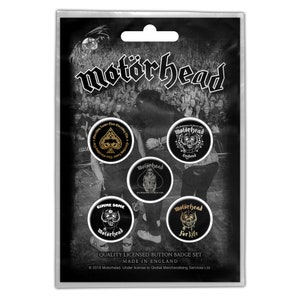 May include: A set of five black and gold button badges featuring the Motörhead logo and various designs. The badges are packaged in a clear plastic bag with a black background and the Motörhead logo printed on it. The text on the bag reads "Quality Licensed Button Badge Set Made in England ©2019 Motorhead. Under license to Global Merchandising Services Ltd."
