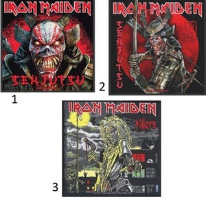 May include: Three Iron Maiden band patches. The first patch is black with red and white accents and features a red demon with the text "Senjutsu" in Japanese. The second patch is black with red and white accents and features a samurai warrior with the text "Senjutsu" in Japanese. The third patch is black with yellow and white accents and features a man with a microphone and the text "Killers".