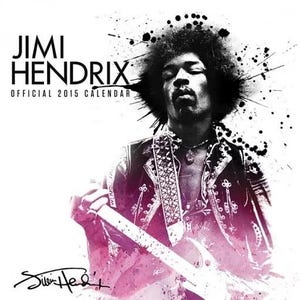 May include: A 2015 calendar featuring Jimi Hendrix, with a black and white image of the musician playing a guitar. The calendar has the text "Jimi Hendrix Official 2015 Calendar" in black, with a signature at the bottom.