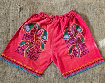 Unisex Bright Red Kids Shipibo Embroidered Shorts | KIDS Clothing | Sacred Shipibo | Shipibo Art | Ceremony Clothing