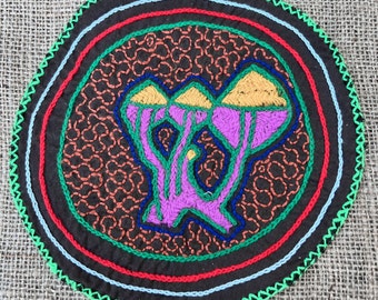 Small Mushroom Tapestry | Shipibo Round Tapestry 20cm Mushroom  | Ceremony Mesa | Mushroom Ceremony | Protection Cloth | Altar Cloth