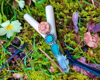 Bone Ayahuasca and Chrysocolla Crystal Kuripe | Rapé Self Applicator | Shipibo | Rapeh | Hapé