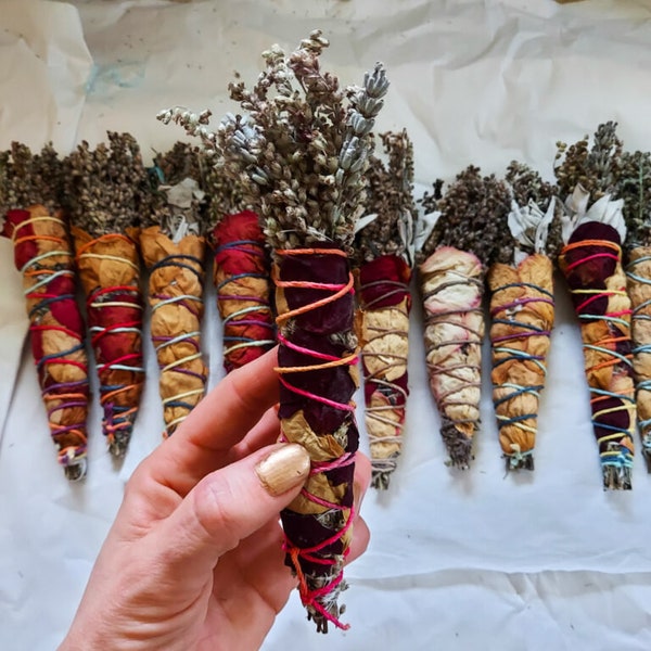 Sage, Mugwort and Rose SMUDGE STICKS 7″ | Handmade Sage Stick | Sage Smudge Stick | White Sage Smudge Sticks | Smudging Herbs |  7"