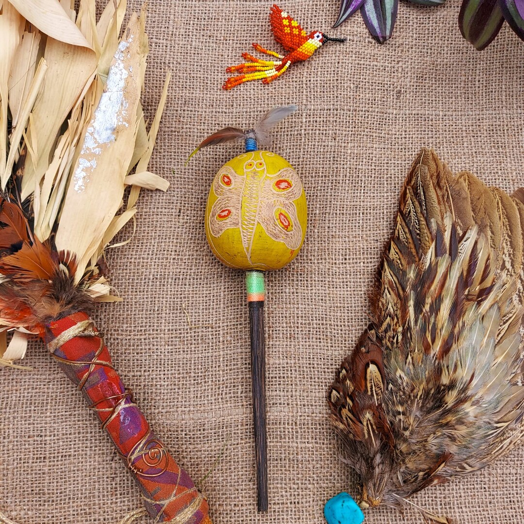 Handcarved Gourd Rattle Butterfly Shamanic Rattle Shipibo Maraca